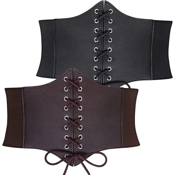 Spuly Accessories - 2 Pack Black & Brown Leather Elastic Wide Stretch Belts Corset Halloween Costume